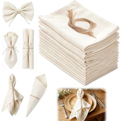 Lot de 12 Serviettes De Table en Tissu 40x40cm, Serviettes en Lin, Serviettes en Tissu avec Une Corde en Chanvre, pour Mariage, Hôtels, Restaurants, Evénements Et Fêtes, Blanc (1/5)