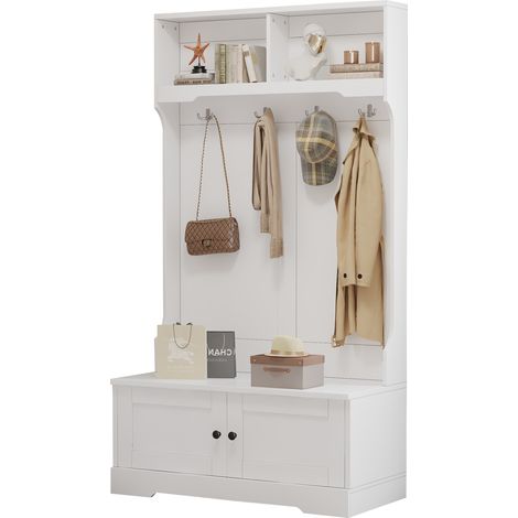 Meuble d'entrée avec banc et rangement chaussures blanc, penderie avec 4 crochets, 2 niches ouvertes et portes à fermeture douce, pour couloir CHICFURN (1/5)