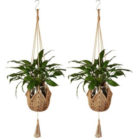 Panier suspendu en corde de chanvre tressée marron longueur 105 cm 2 pots de fleurs de jardinage créatifs sac en filet suspendu avec crochet (1/4)