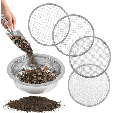 Tamis de jardin pour sol et pierres, grand tamis de sol en acier inoxydable robuste, 5 tailles de grille 1/3/6/9/12 mm, tamis de sol avec pelle, filtre à compost pour tamiser la terre supérieure de (1/5)