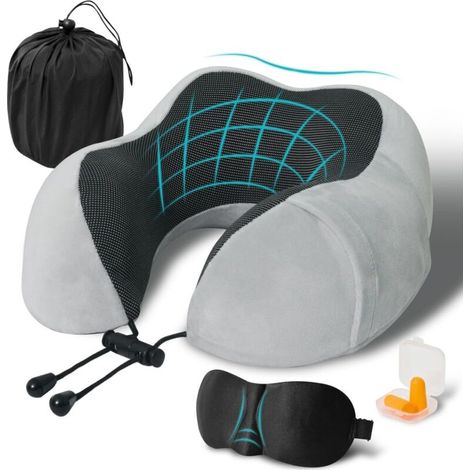 Coussin de Voyage,Oreiller Cervical,Mousse à mémoire Oreiller de Voyage avec Masque pour Les Yeux Bouchons d'oreille, Sac de Transport Inclus,Convient pour Avion et Train Gris (1/5)