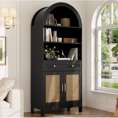 Vitrina de 70x40x170 cm con puertas de ratán, 3 estantes, 1 cajón y 2 puertas, en madera natural y negra. (1/5)
