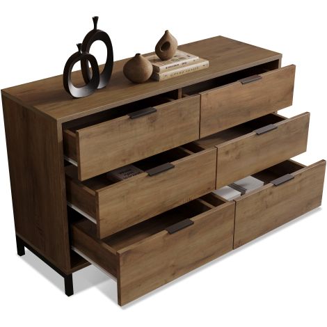 Commode ou buffet à 6 tiroirs, finition chêne foncé convient aux chambres et à divers espaces de vie. (1/5)