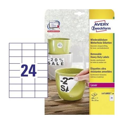Avery-Zweckform L4718REV-20 Etichetta a pellicola 70 x 37 mm Pellicola in poliestere Bianco 480 pz. Staccabile Stampant (1/5)