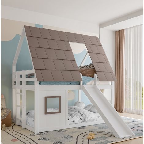 Etagenbett 140/200 cm weiß/braun aus Kiefer und MDF mit Dach, Leiter und Rutsche (1/5)
