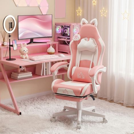 Fauteuil de jeu avec oreilles de chat, dossier inclinable, repose-pieds extensible, jusqu‘à 120 kg, rose/blanc (1/5)