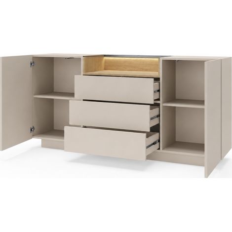 Credenza Madia Con Illuminazione LED 2 Ante 3 Cassetti Push To Open Vano A Giorno Ripiano In Vetro Temperato Per Soggiorno Sala Da Pranzo 176.4 X 39.5 X 83 Cm Cashmere (1/5)