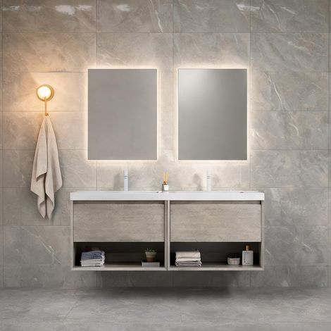 Meuble sous vasque mural 140 cm en bois clair et résine blanche (1/5)