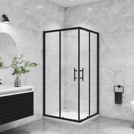 90x90x195cm Schwarze Eckeinstieg Duschabtrennung Duschkabine Schiebetür Eckeinstieg Echtglas Dusche mit Duschtasse (1/5)