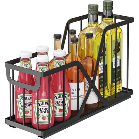 Étagère coulissante extensible pour placard de cuisine – Organisateur gain de place en acier carbone, panier tiroir extractible, lot de 2 – Noir, set 2 pièces (ZWJ-3012A-BK) (1/5)