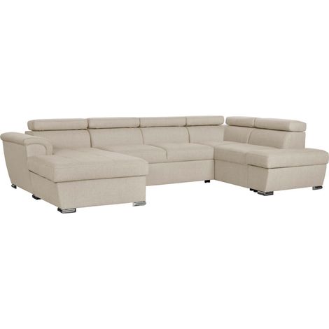 Loungitude – Canapé panoramique convertible 5 places – 2 coffres de rangement – Tissu beige moderne – Grand confort pour salon contemporain (1/5)