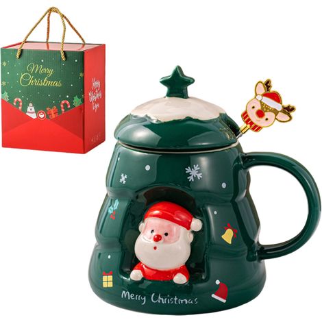 Tasse de Noël créative, tasse en céramique colorée à motif dessin animé, cadeau pratique avec couvercle et cuillère, coffret cadeau. (1/5)