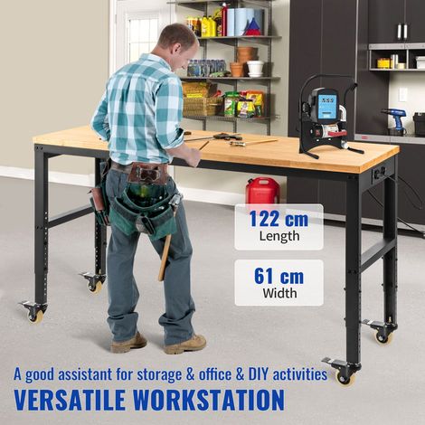 Établi réglable 122 x 61 x 104 cm table atelier garage 79-104 cm 720 kg prises élec plateau chêne structure acier roulettes pivotantes bureau domicile (1/5)