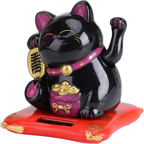 Chat solaire mignon qui fait coucou, porte-bonheur et richesse, décoration pour la maison ou la voiture (noir) (1/5)