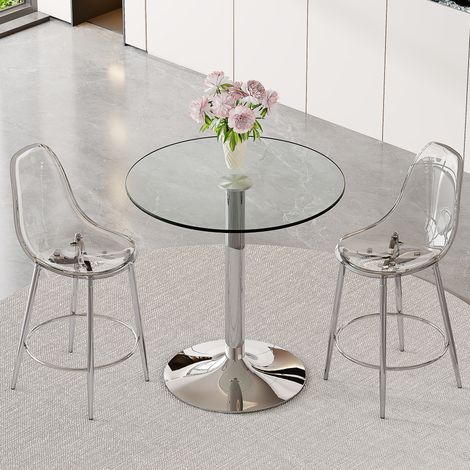 Bartisch- und Barhocker-Set Glas/Metall/Kunststoff Silber Transparent Ø89x92 cm mit 2 Hockern MIVRAY