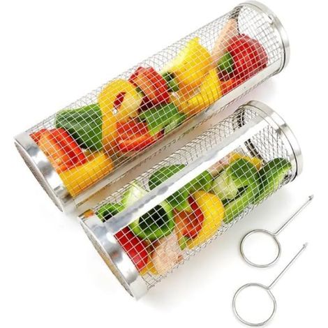 Panier à grillades, panier à grillades roulant, filet de cuisson extérieur, idéal pour les légumes, les fruits de mer, la viande, 2 pièces