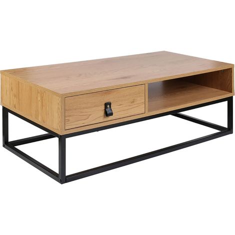 ABRIL - Table Basse 1 Tiroir Aspect Bois et Pieds Métal (1/5)