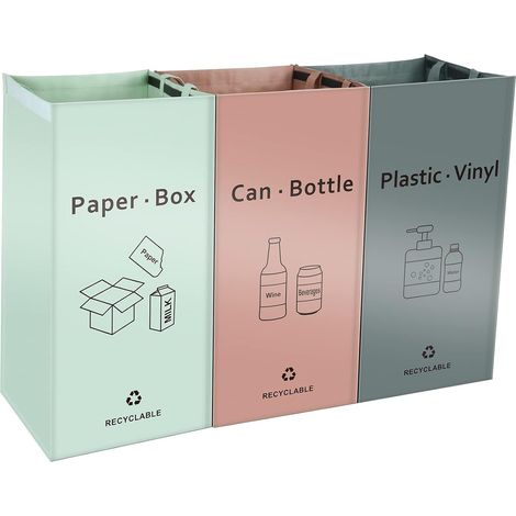 Lot de 3 Bacs de Déchets Trieur à Déchets pour Recyclage (Rose - Gris - Vert) - Poubelle pour Extérieur/Intérieur - Papier, Verre, Plastique (1/5)