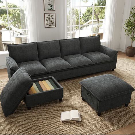 Sofá esquinero modular 4 plazas con almacenaje, tapizado en chenilla, color negro