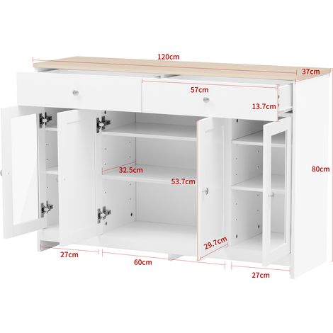 Buffet blanc imitation bois veiné, porte vitrée, 2 tiroirs, 4 portes, pour salon et salle à manger, teinte bois et blanc (1/5)