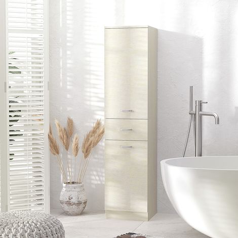 Meuble de salle de bain en bois avec tiroir, 2 placards et étagères réglables, 34 x 34 x 150 cm, couleur bois (1/5)