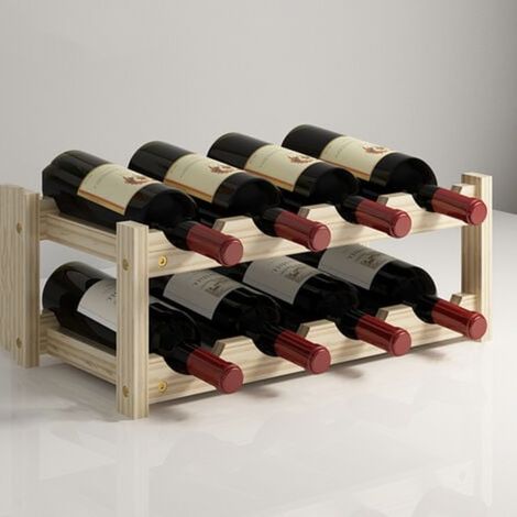 Porte-bouteilles horizontal en bois, 2 niveaux pour 8 bouteilles, étagère à vin compacte, dimensions 44x22,3x16,5 cm, présentoir mural ou sur plan de travail (1/3)