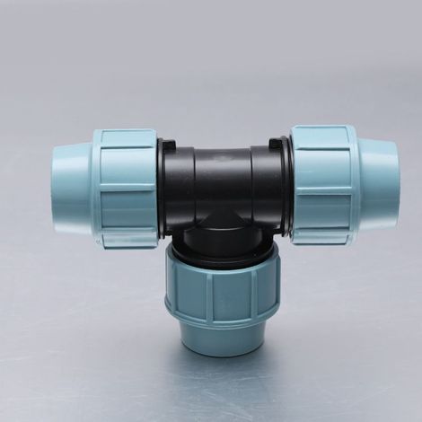 Connecteur en pour tuyau d'eau en T avec trois sorties femelles (3 x 32 mm)  Connecteur de serrage pour tuyaux en PE（ø 32） (1/5)