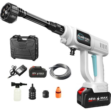 Akku-Hochdruckreiniger, max. Fördermenge 250 l/h, 6-in-1-Multifunktionsdüse, 5-m-Schlauch, tragbarer Hochdruckreiniger – inklusive Akku und Zubehör, ideal für Auto und Garten, weiß-blaue Ausführung (1/4)