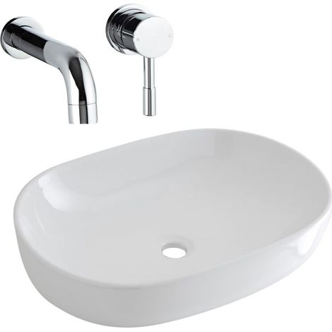 Milano Overton 590mm x 425mm White Ceramic Oval Countertop Bathroom Basin Sink - With Wall-Mounted Tap (1/5)