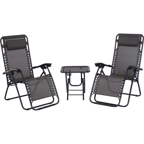 Folding Zero Gravity Chairs, 3 Pieces Adjustable Sun Lounger Table Set with Cup Holder Headrest, Patio Bistro Set with Reclining Garden Chairs for Outdoor, Dark Grey (1/5)