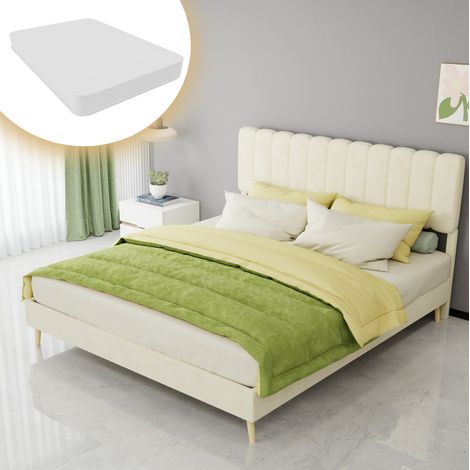 Letto imbottito moderno in velluto beige 160x200 cm con testiera alta e materasso incluso