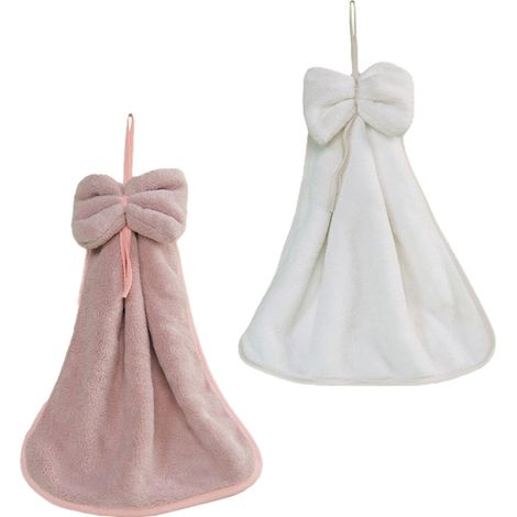 Lot de 2 serviettes de cuisine en velours corail avec nœud, absorbantes, à suspendre, à main, taille unique