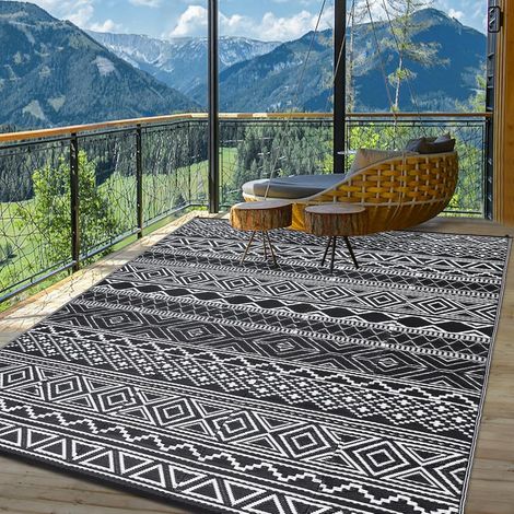 Tapis d'extérieur imperméable réversible en paille en plastique pour patio, camping, intérieur et extérieur, tapis de camping-car pour jardin, terrasse, pique-nique, plage, remorque, noir (1/5)