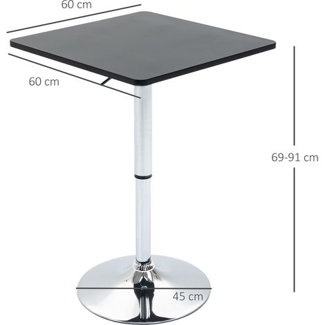 Mesa de bar regulable en altura, giratoria 360°, patas resistentes a los arañazos, base metálica estable, color negro/plata.