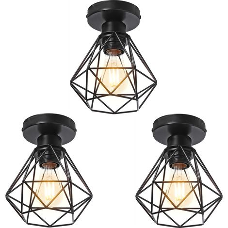 Plafonnier Industriel E27 Vintage Luminaire Suspension de Plafond Abat-jour Diamant Ø16CM pour Chambre Couloir Noir - 3Pcs (1/5)
