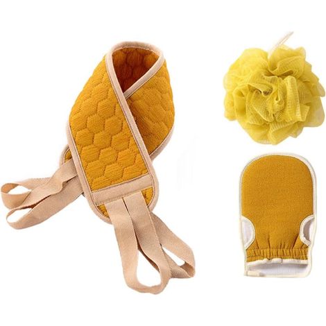 Lot de 3 Éponges de Bain en Fibre Jaune pour Gommage Corporel Profond et Nettoyage Facile, Serviette de Massage Dos, Accessoires Bain pour Homme et Femme (1/5)