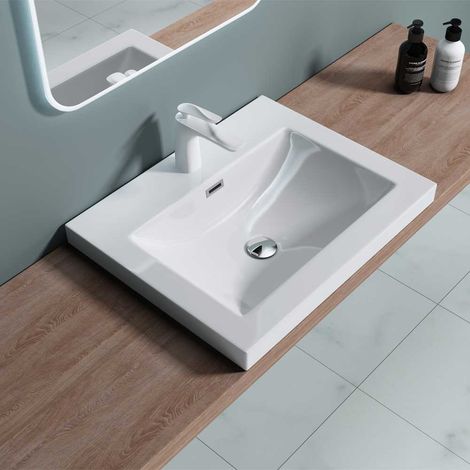 Bathroom Cloakroom 600 x 480mm Stone Resin Bathroom Basin - Self Rimming Drop In Sink - One Tap Hole With Overflow - Durovin Bathrooms (1/5)