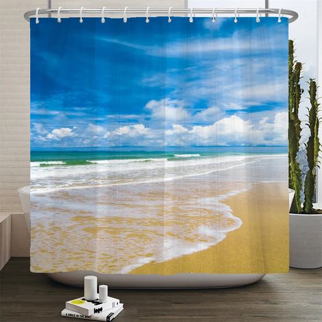 Rideau de douche 3D motif plage, rideau de salle de bain mer Méditerranée, tissu imperméable, dimensions : 210 cm x 180 cm.
