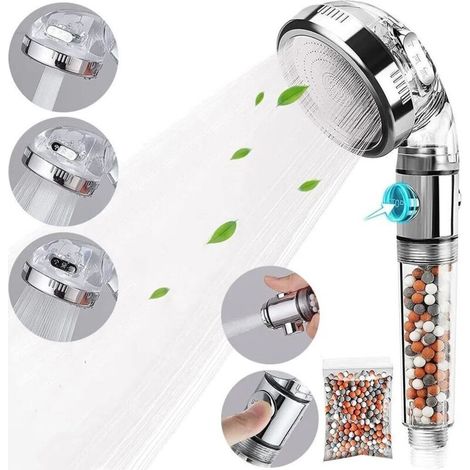 Pommeau de douche 3 en 1 avec filtre ionique, traitement anticalcaire, différents jets et bouton d'arrêt. - AquaForge (1/5)
