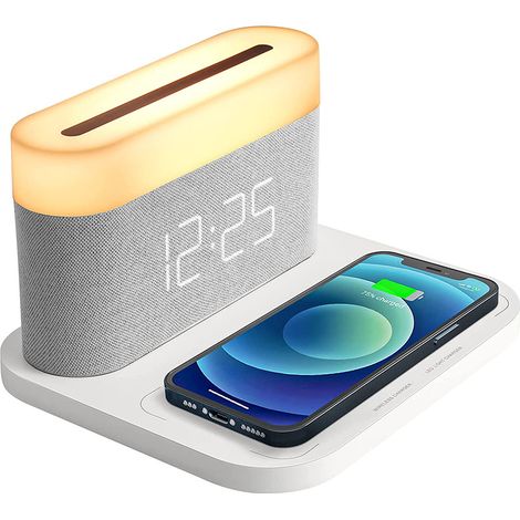 Chargeur de téléphone portable sans fil trois-en-un pour le bureau à domicile, petite lampe de table avec horloge tactile, intensité réglable, veilleuse avec réveil (blanc) (1/5)
