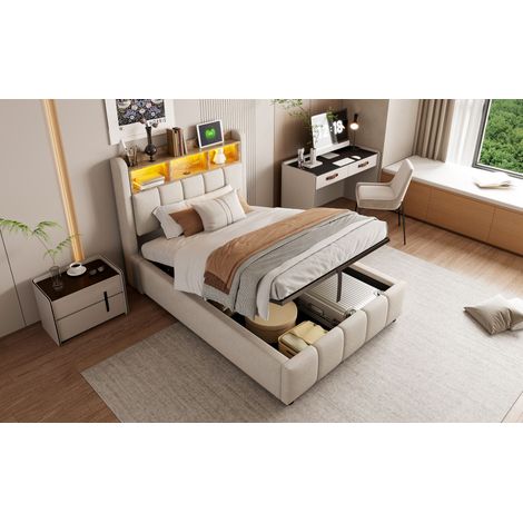 Lit capitonné 90x200 cm LED et USB, tête de lit avec rangements, coffre hydraulique, lit enfant simple, lin beige, sans matelas, gain de place (1/5)