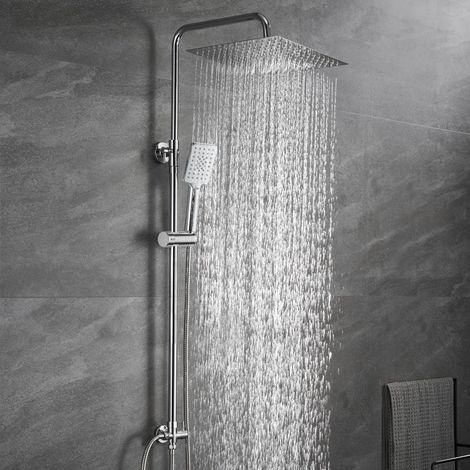JOHO Duschsäule ohne Armatur – XXL Regendusche eckig 30x30 cm – Edelstahl Chrom – Höhenverstellbar – Handbrause mit 3 Strahlarten