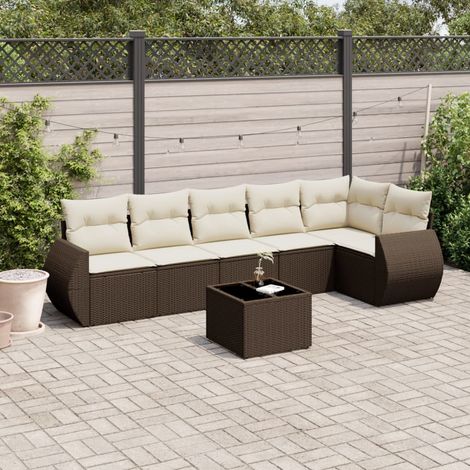 Ensemble Salon de Jardin 7 Places en Résine Tressée Marron avec Coussins Crème et Table en Verre Trempé (1/5)