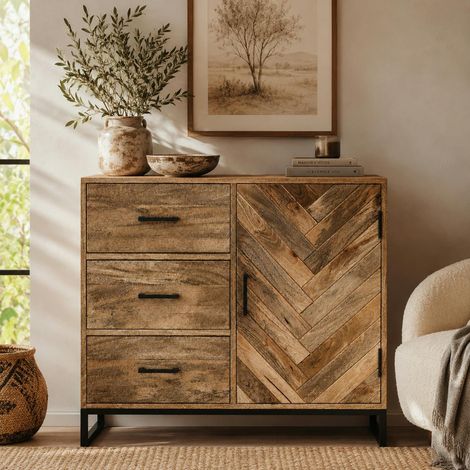Petit buffet bois de manguier 1 porte 3 tiroirs BRIX (1/4)