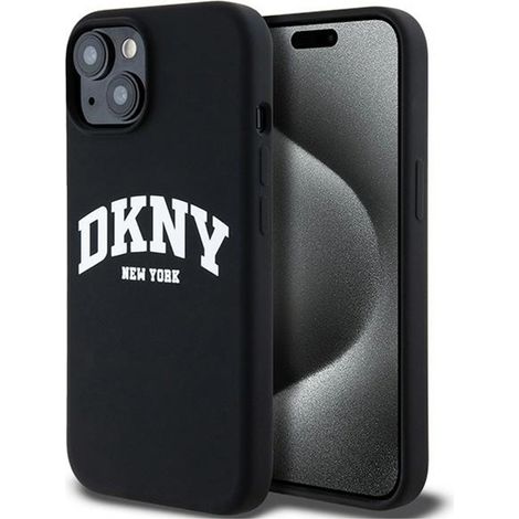 Custodia DKNY in silicone liquido bianco con logo stampato MagSafe per iPhone 15 Plus / 14 Plus (nera) (1/5)