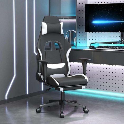 vidaXL Silla gaming con reposapiés tela negro y blanco (1/5)