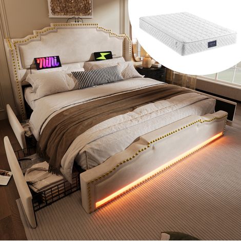 Bett Doppelbett Stauraum 140x200 mit LED USB Beige OKMYHOME (1/5)