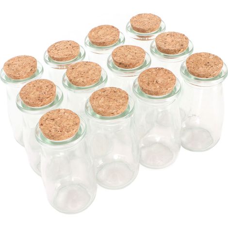 Lot de 12 bouteilles en verre pour pudding avec bouchon en liège, pouvant également servir de pots à yaourt, de verres à lait ou de gobelets pour boissons. (1/5)