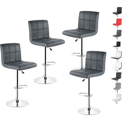 Lot De 4 Tabourets De Bar - Recouvert De Similicuir Capitonné - Base Très Grande - Repose-Pieds - Gris (1/5)