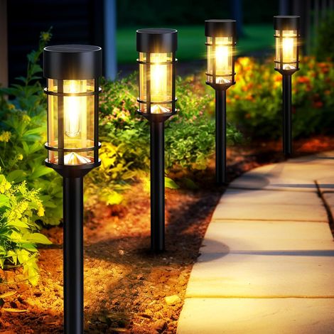 Set of 8 Solar Path Lights — Waterproof LED Solar Outdoor Lighting — Glass and Metal Garden Lights for Paths, Landscaping, Lawns — 3000 K